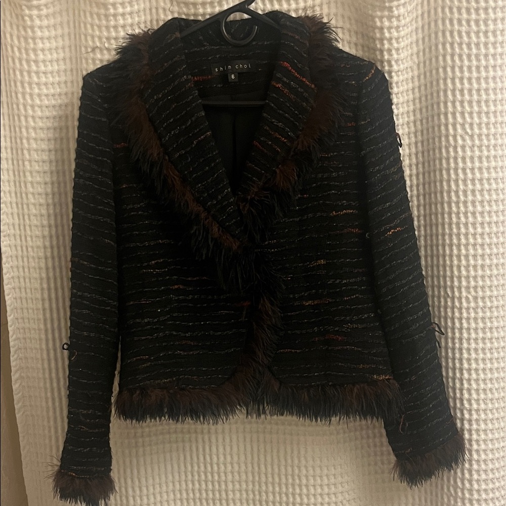 Shin Choi Black Tweed Blazer with feather detail  Sz 6